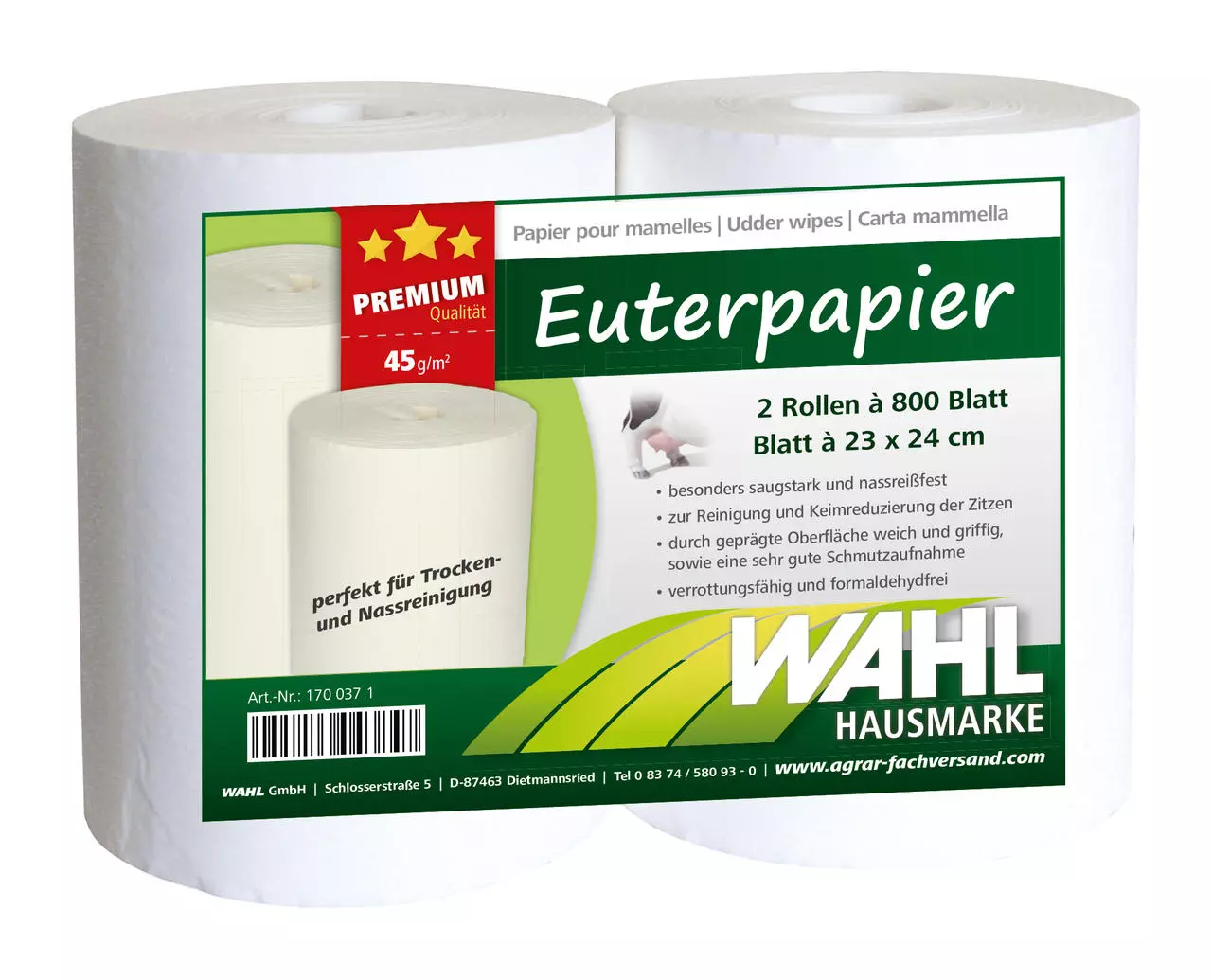 WAHL-Hausmarke Euterpapier 2 Rollen à 800 Blatt PREMIUM WAHL-Hausmarke Euterpapier 2 Rollen à 800 Blatt PREMIUM